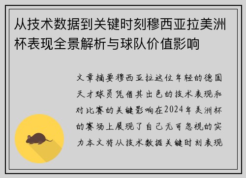 从技术数据到关键时刻穆西亚拉美洲杯表现全景解析与球队价值影响