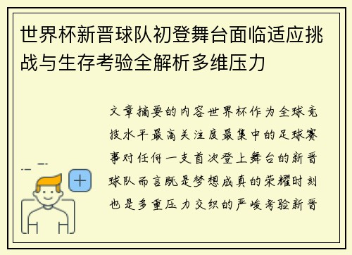 世界杯新晋球队初登舞台面临适应挑战与生存考验全解析多维压力